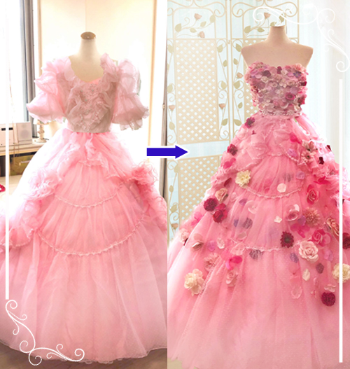 ピンクの可愛いお花ドレスへリメイク