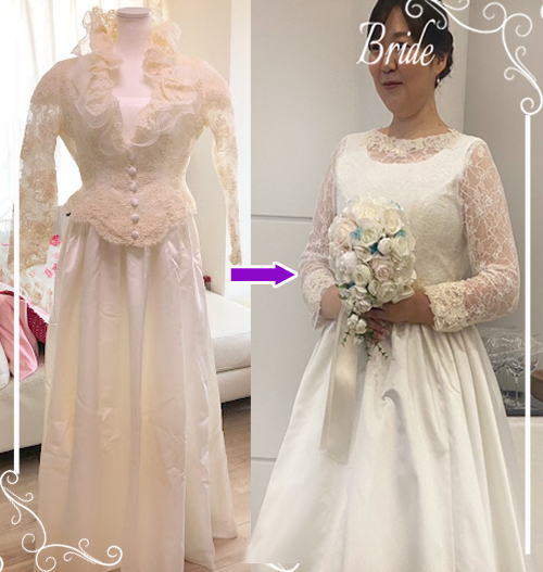 お母さまのウェディングドレスを2wayドレスへリメイクした例です。