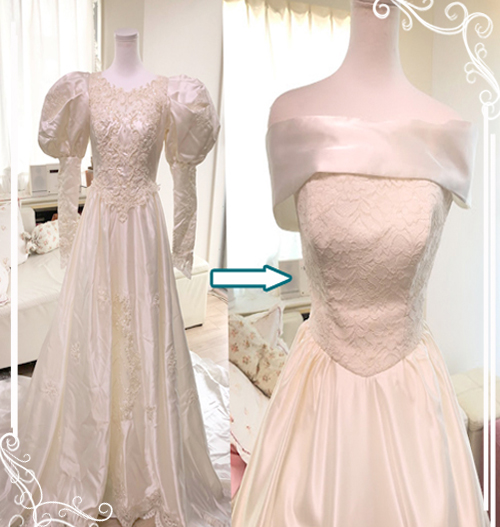 お母さまのウェディングドレスを2wayドレスへリメイクした例です。